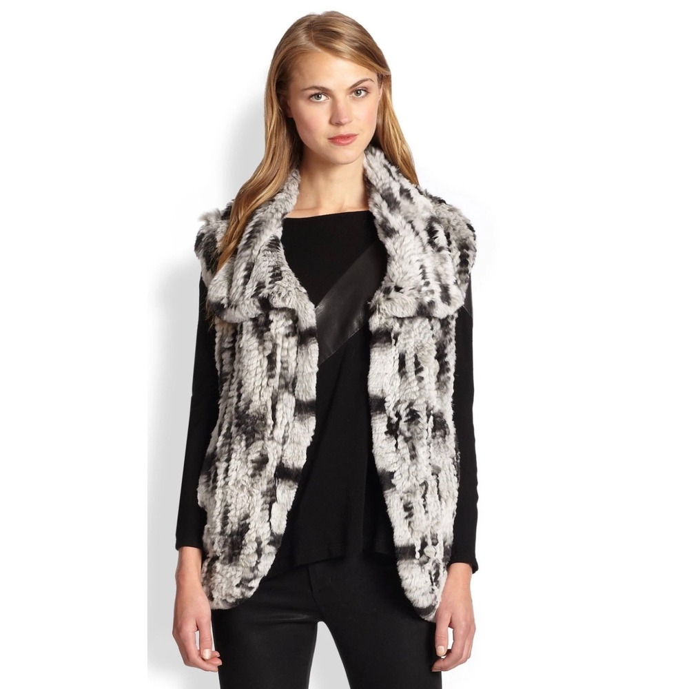 Alice + Olivia Rabbit Fur Vest Black White Animal Print M/L